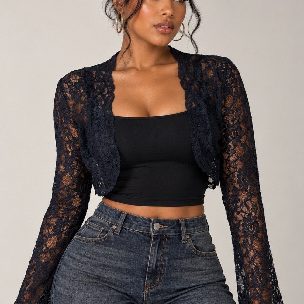 Black Floral Lace Cropped Bolero Shrug S Long Sleeve Open Front Sheer Cardigan